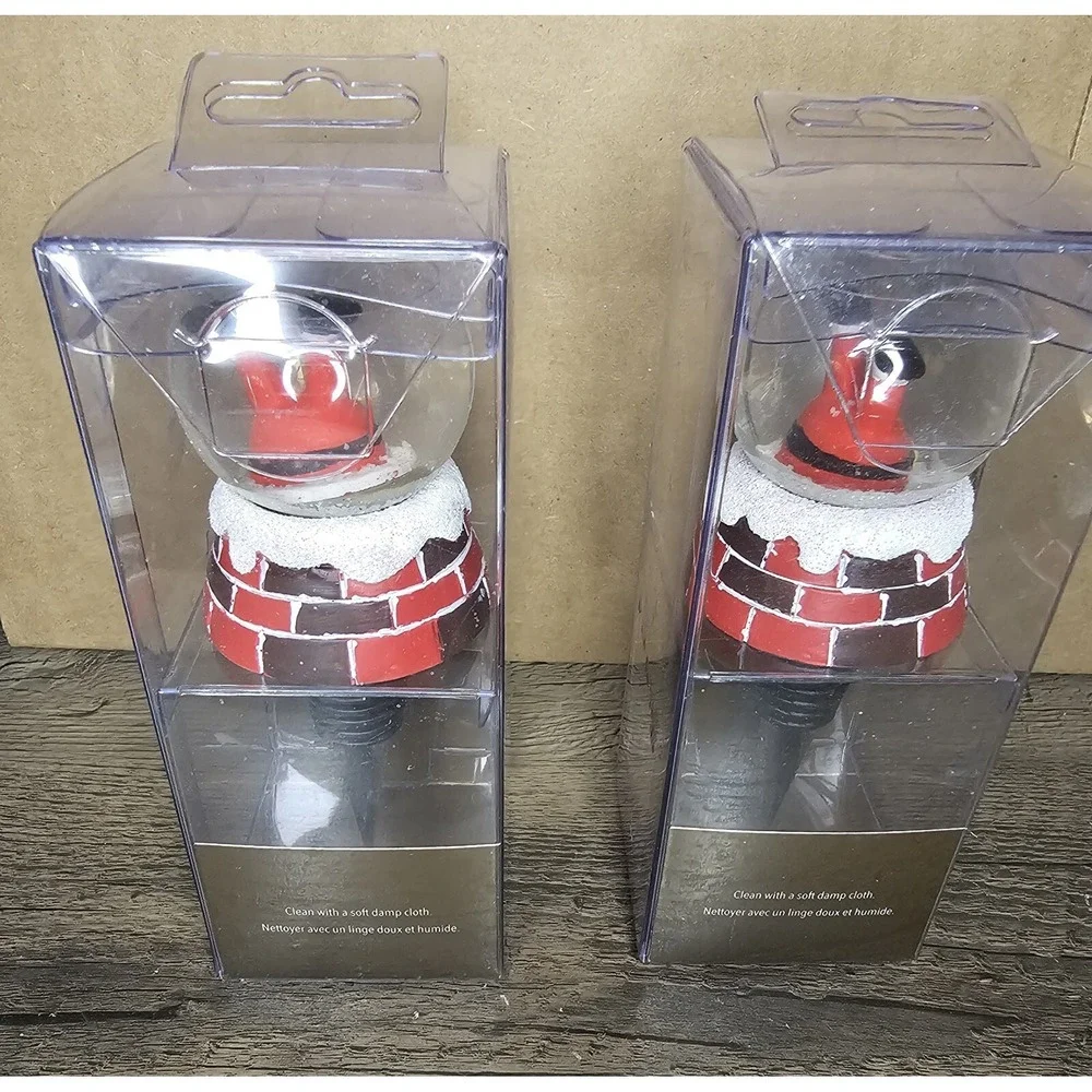 Pier 1 Imports Upside-down Santa Snowglobe Wine Bottle Stopper NIB Set Of 2